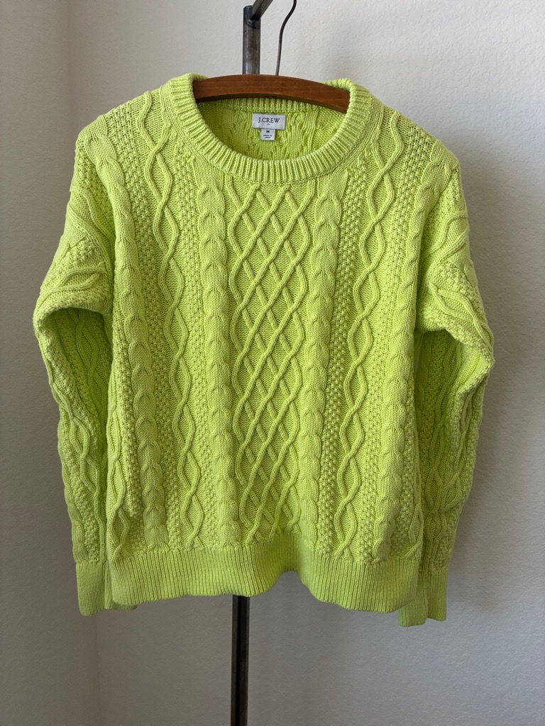 J. Crew Womens M 100% Cotton Cable Knit Sweater Chartreuse Lime Green Eclectic